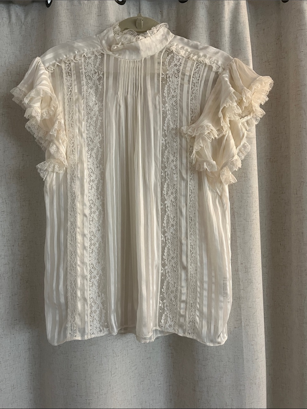 Women's Cream Lace Pintuck Ruffle Sleeve Top